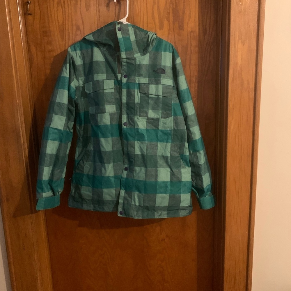 The North Face Green Plaid Hooded Jacket, ear warmer, and gloves